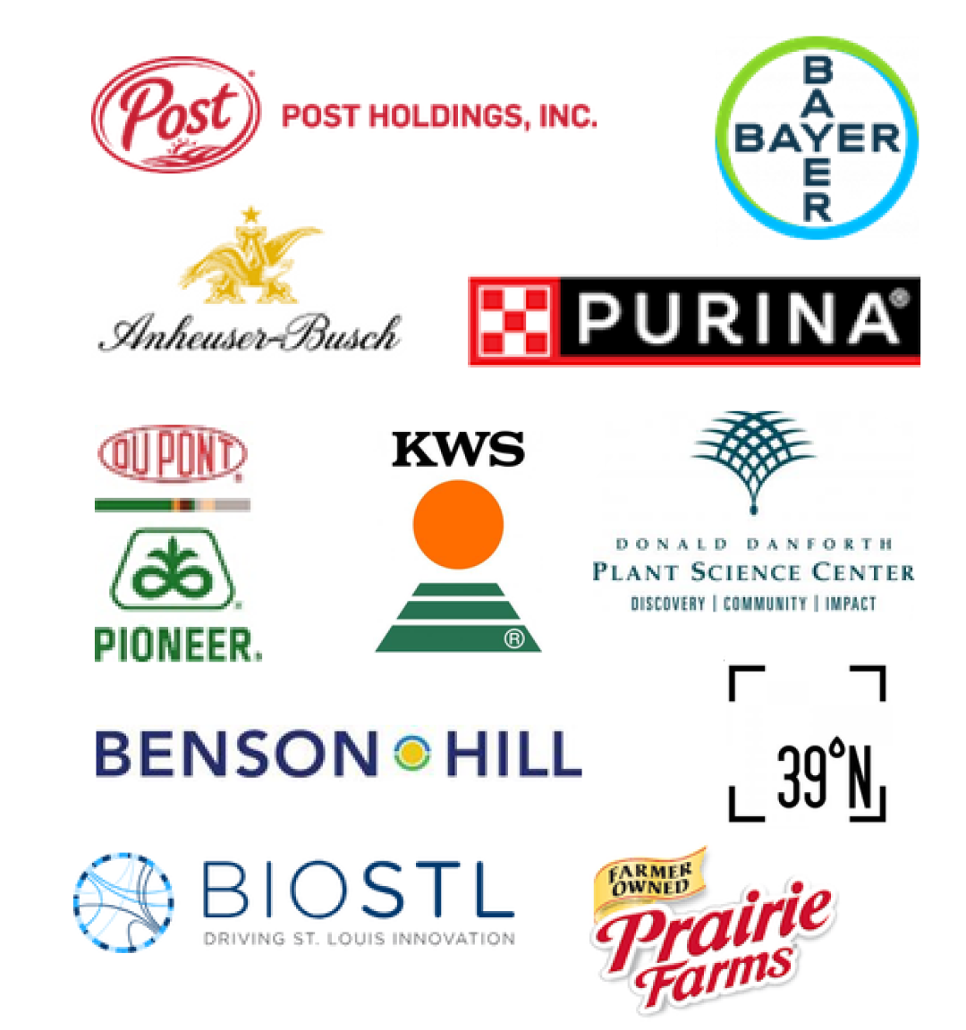 Group of 10 logos, including: Post Holdings Inc., Bayer, Anheuser-Busch, Purina, DuPont Pioneer, KWS, Danforth Plant Science Center, Benson Hill, BioSTL, 39 North, and Prairie Farms