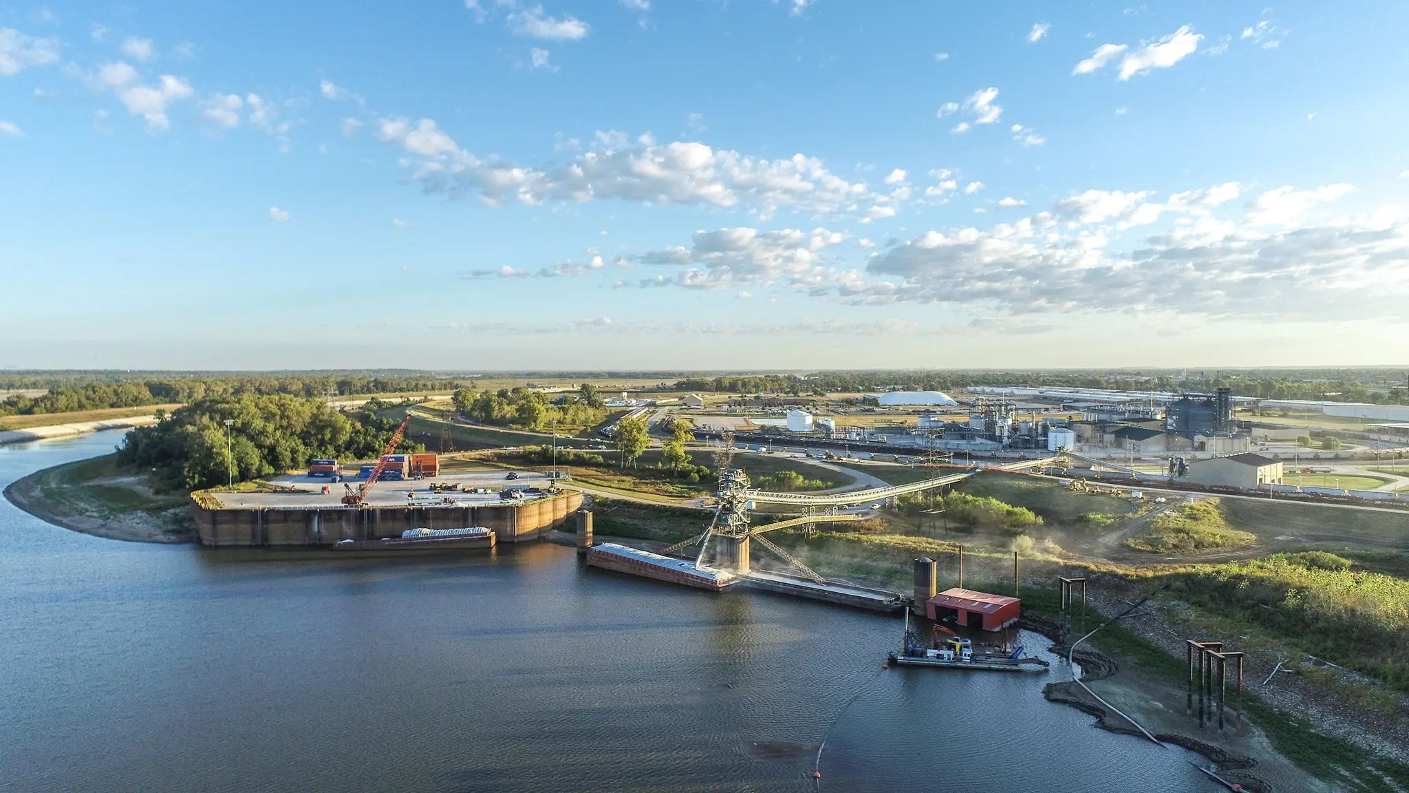 America's Central Port terminal aerial view with river in foreground