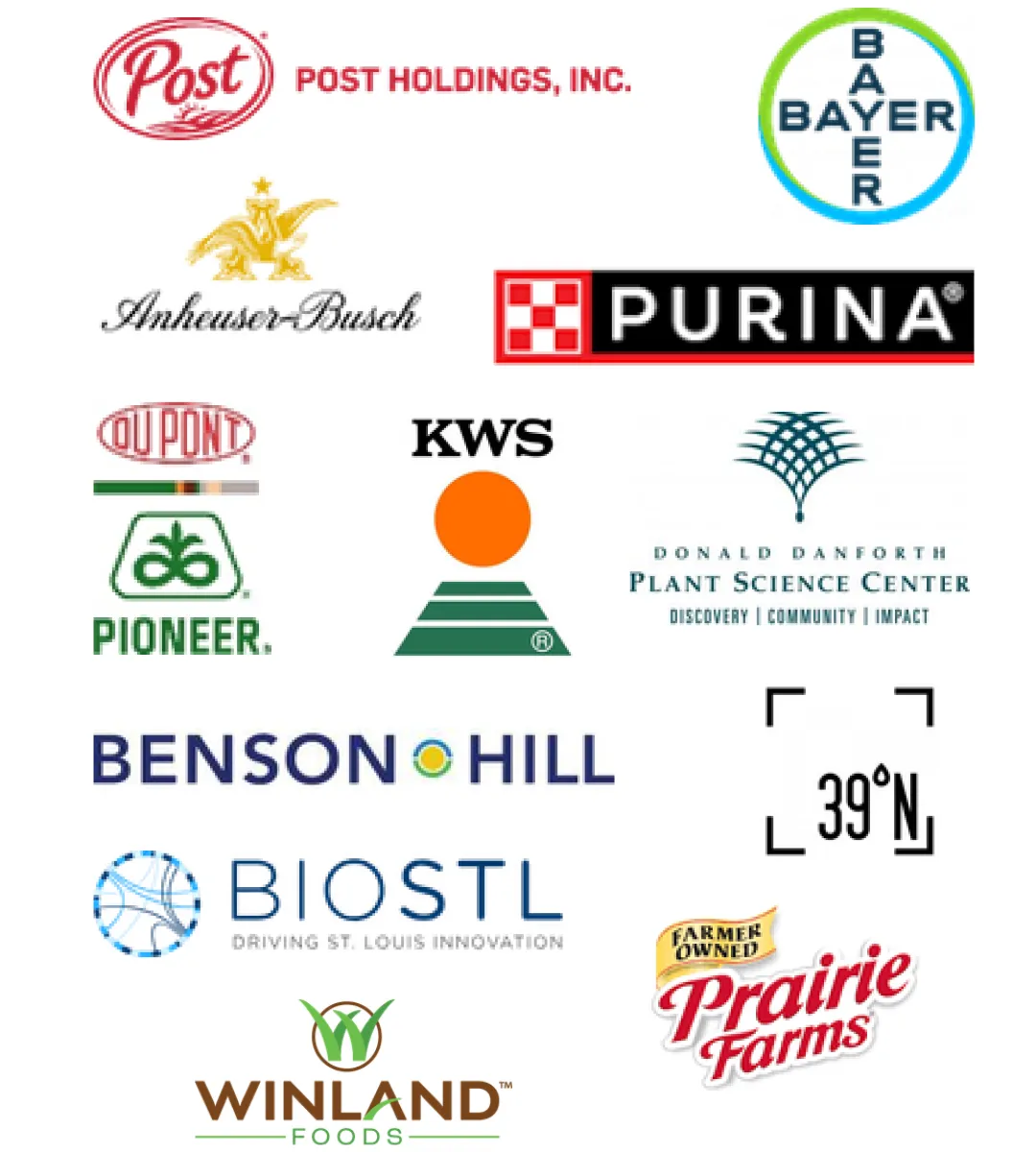 Group of 10 logos, including: Post Holdings Inc., Bayer, Anheuser-Busch, Purina, DuPont Pioneer, KWS, Danforth Plant Science Center, Benson Hill, BioSTL, 39 North, and Prairie Farms