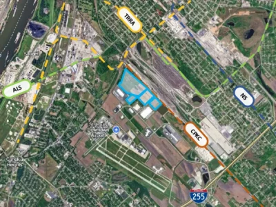 Satellite map outlining location of Sauget Business Park