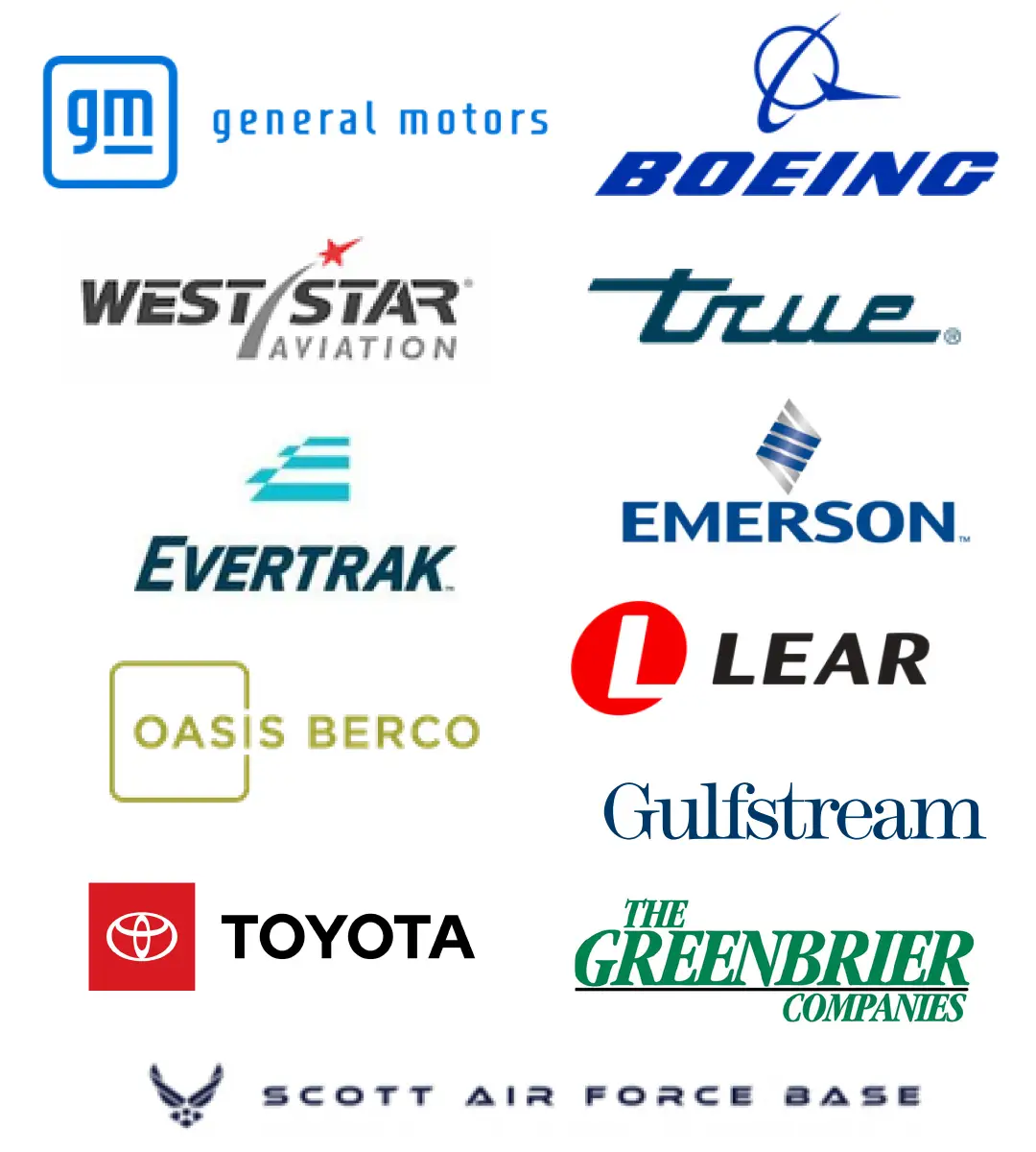 Group of 12 logos, including: General Motors, Boeing, West Star Aviation, True, Evertrak, Emerson, Oasis Berco, Lear, Gulfstream, Toyota, Greenbrier, and Scott Air Force Base