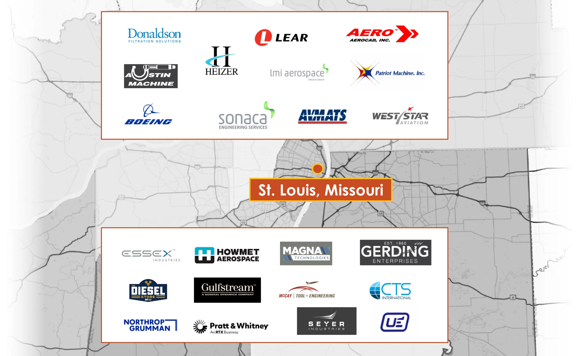 Map with a dot indicating St. Louis, Missouri, surrounded by over 20 company logos.