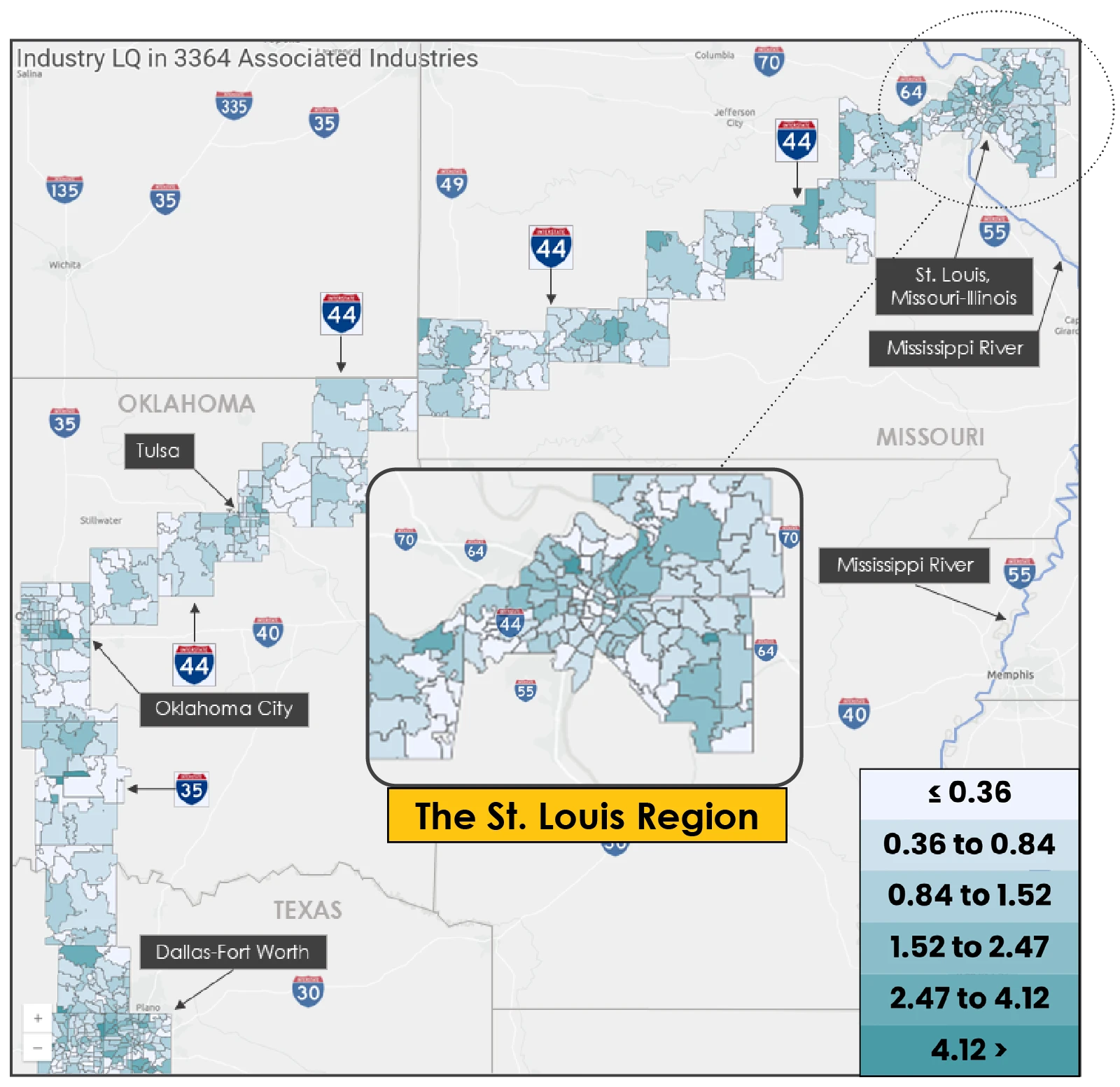 Center portion of the US map showing the Location Quotient (LQ) for Aerospace Manufacturing jobs clustered along Interstate 44. An inset box highlights the St. Louis area.