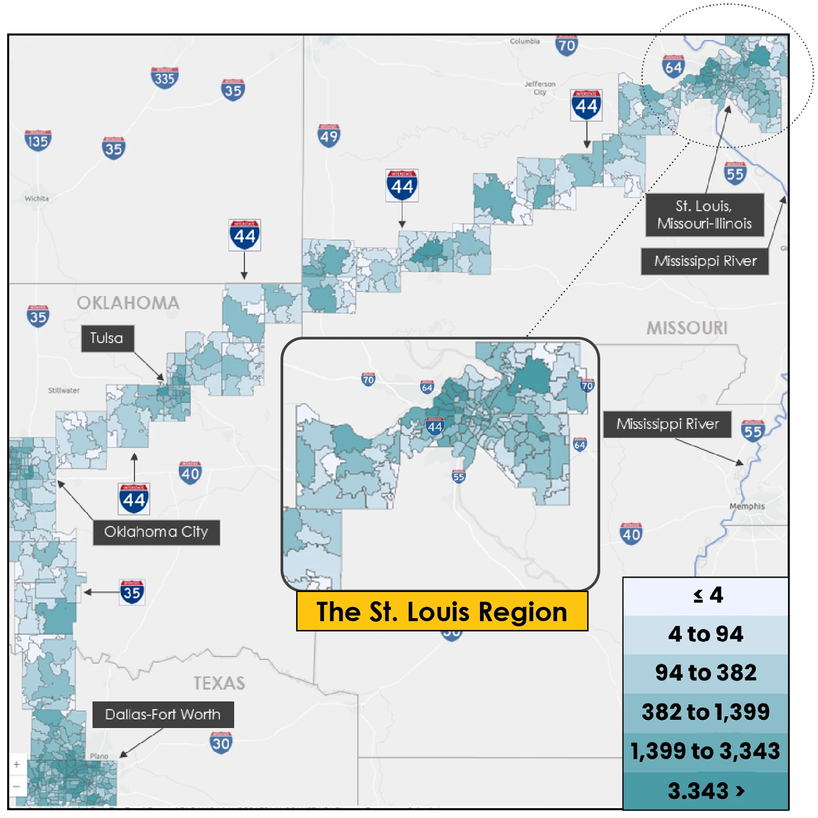 Center portion of the US map highlighting jobs in the Aerospace Manufacturing sector, clustered along Interstate 44. An inset box shows the St. Louis area larger.